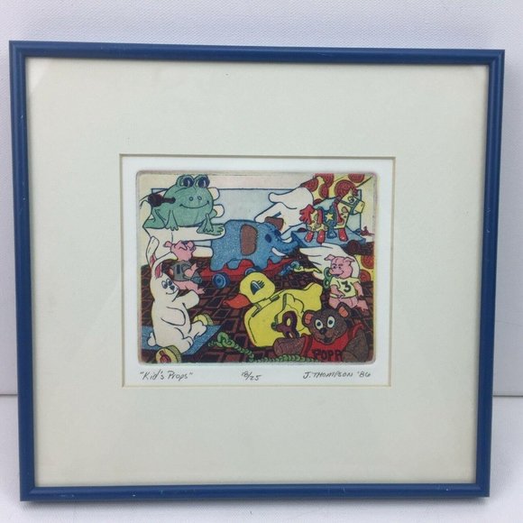 J Thompson '86 "Kid's Props" 20/25 Blue Metal Frame Toys Duck Frog Elephant Pig